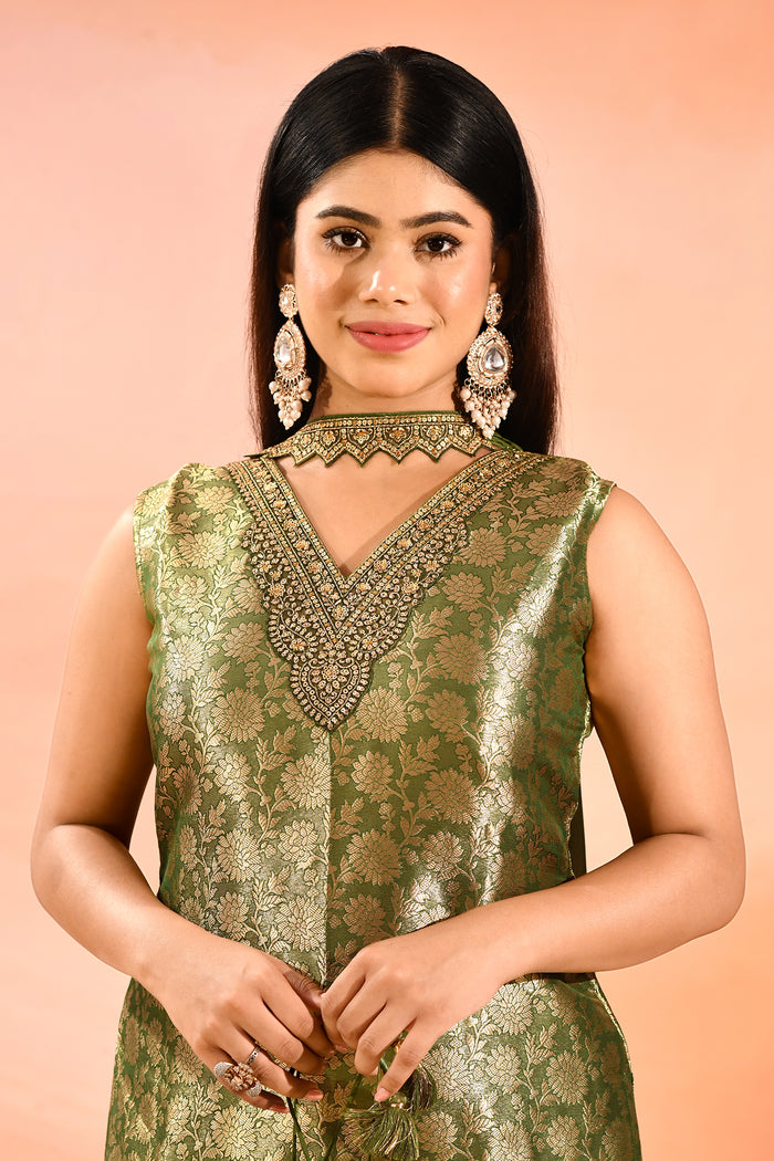 Olive Gold Brocade Tissue Straight Cut Palazzo Set