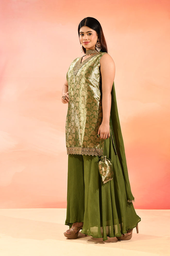 Olive Gold Brocade Tissue Straight Cut Palazzo Set