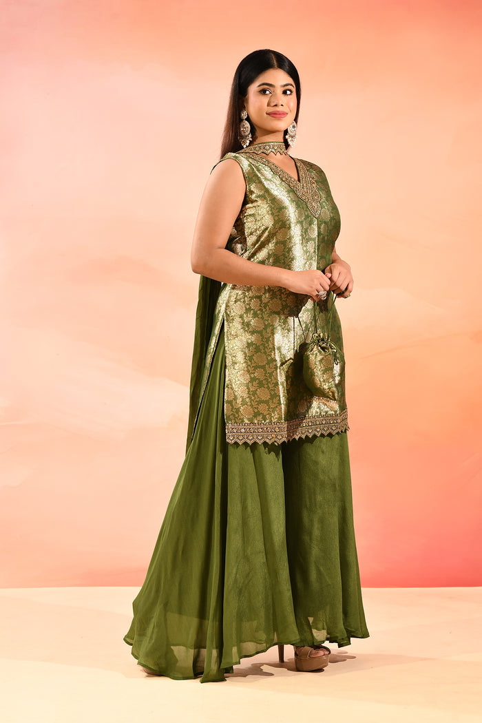 Olive Gold Brocade Tissue Straight Cut Palazzo Set