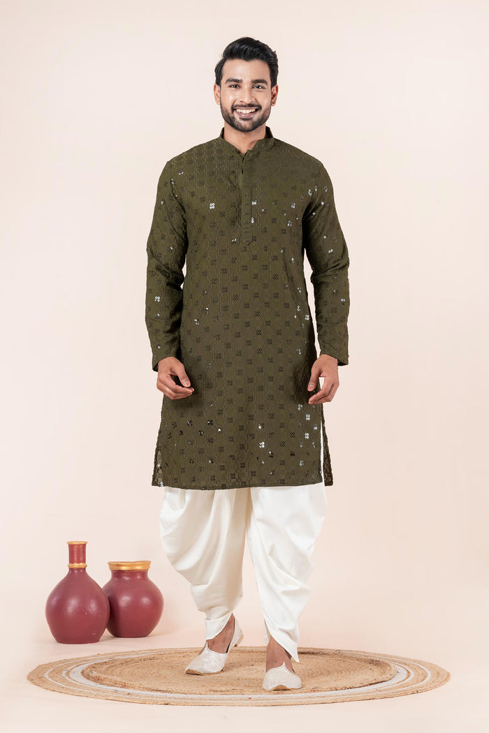Olive Green Cotton Silk Embroidered Dhoti Set