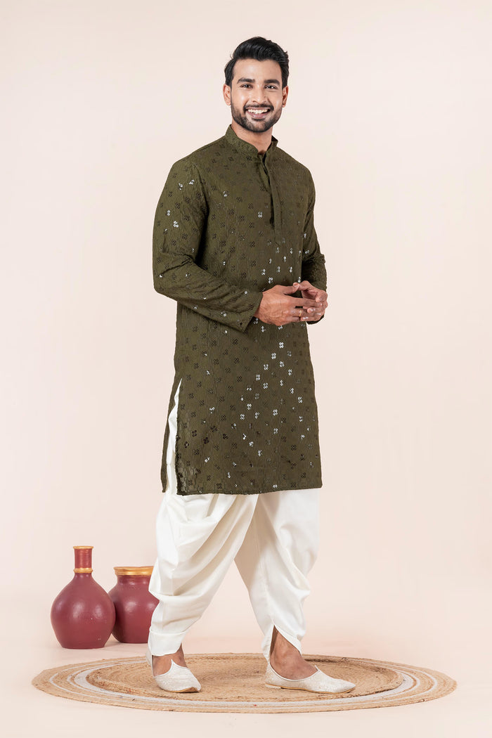 Olive Green Cotton Silk Embroidered Dhoti Set