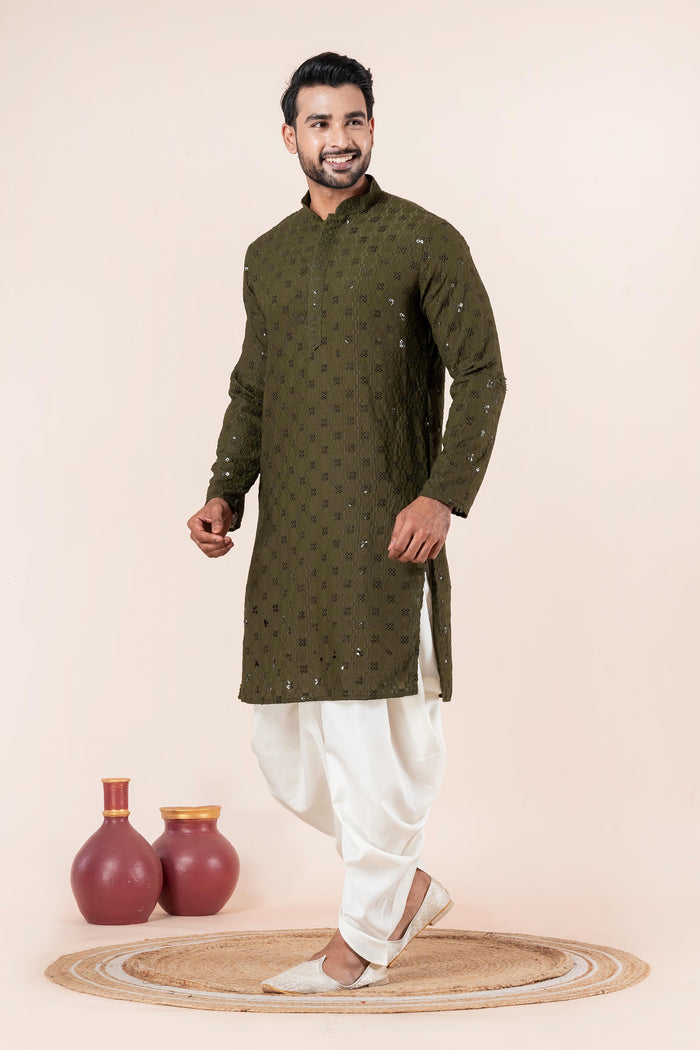 Olive Green Cotton Silk Embroidered Dhoti Set