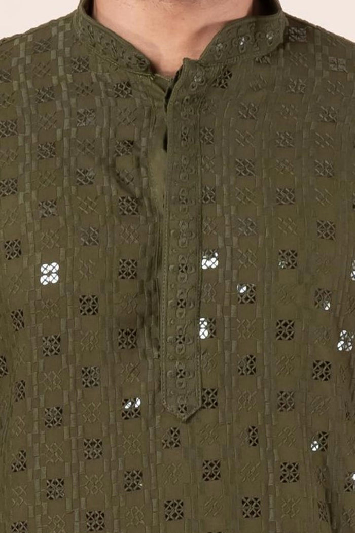 Olive Green Cotton Silk Embroidered Dhoti Set