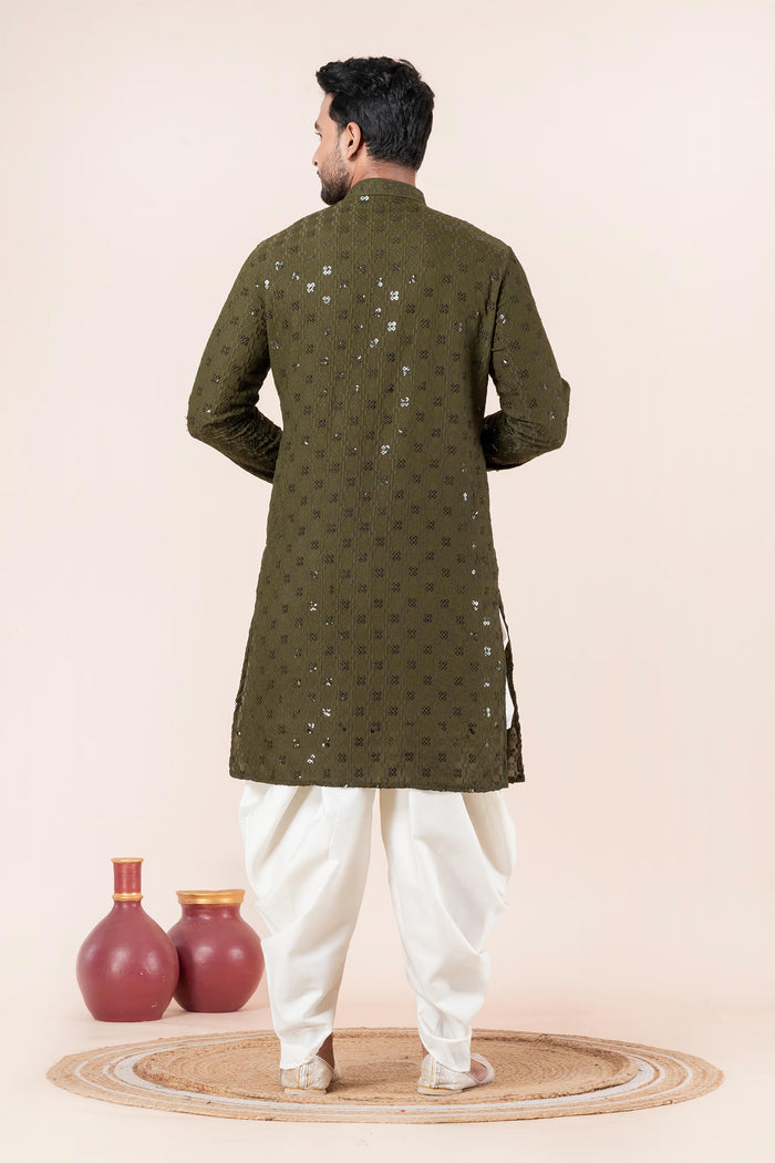 Olive Green Cotton Silk Embroidered Dhoti Set