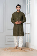 Olive Green Cotton Silk Embroidered Kurta Set