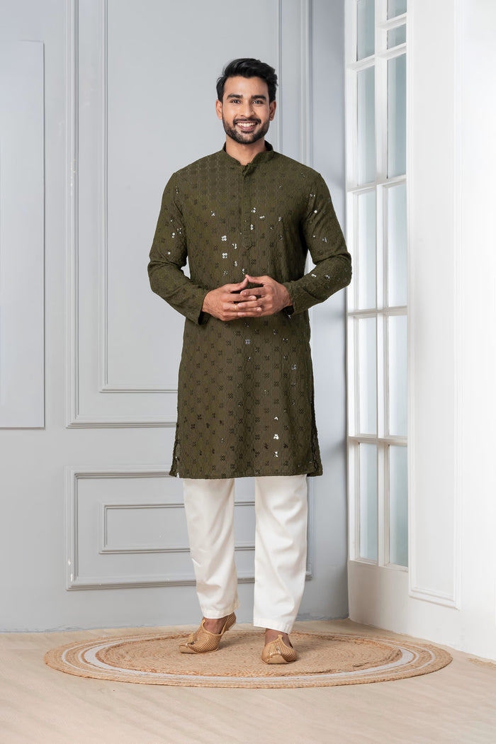 Olive Green Cotton Silk Embroidered Kurta Set