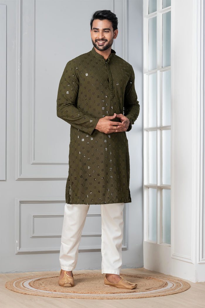 Olive Green Cotton Silk Embroidered Kurta Set