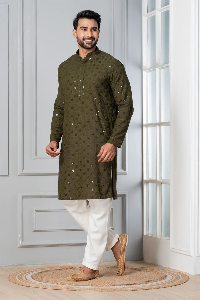 Olive Green Cotton Silk Embroidered Kurta Set