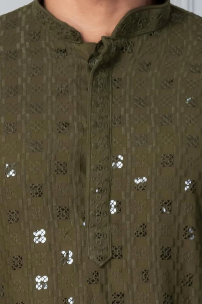 Olive Green Cotton Silk Embroidered Kurta Set
