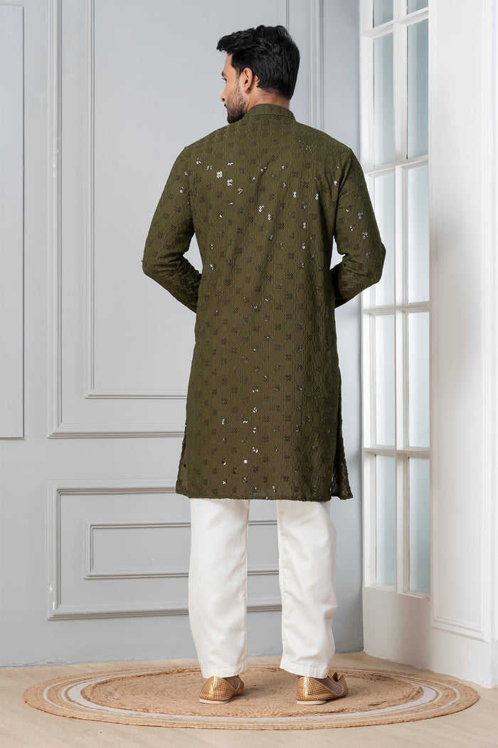 Olive Green Cotton Silk Embroidered Kurta Set