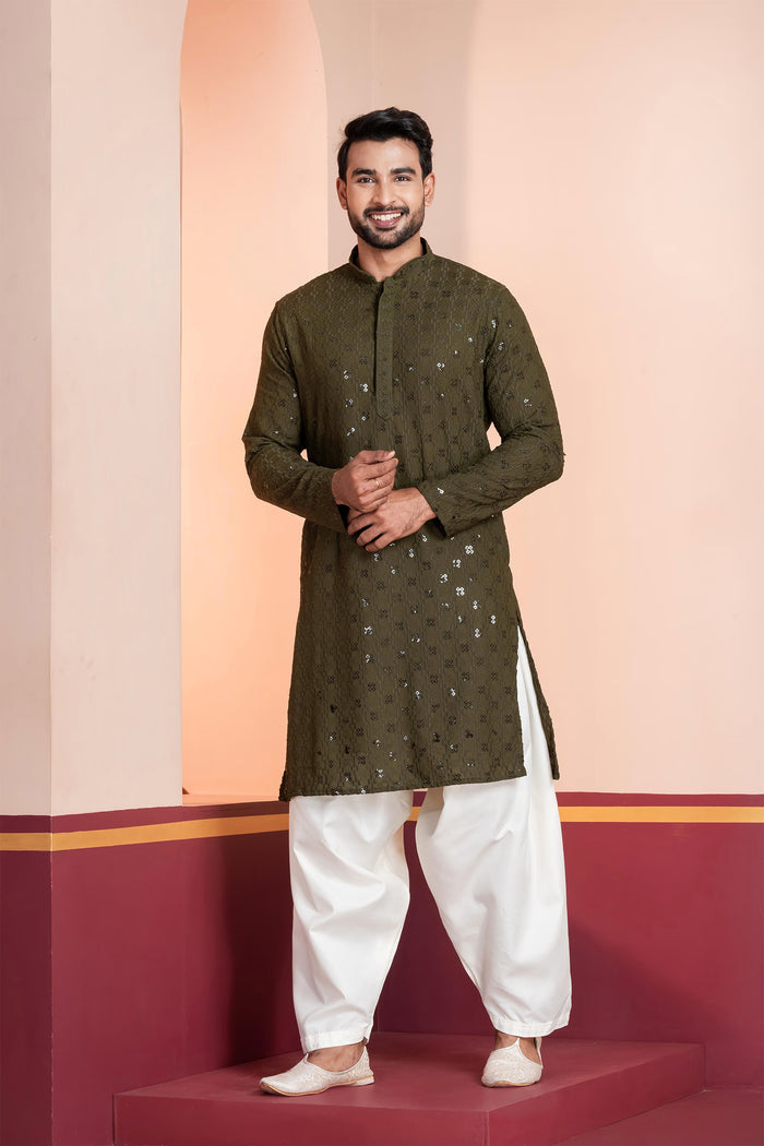 Olive Green Cotton Silk Embroidered Patiala Set