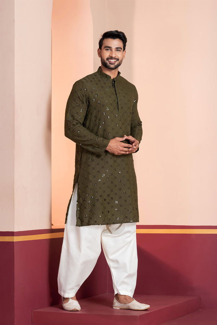 Olive Green Cotton Silk Embroidered Patiala Set
