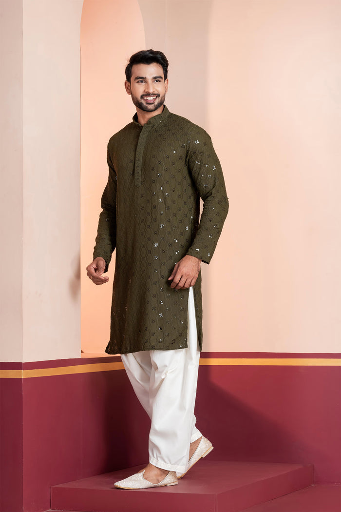 Olive Green Cotton Silk Embroidered Patiala Set