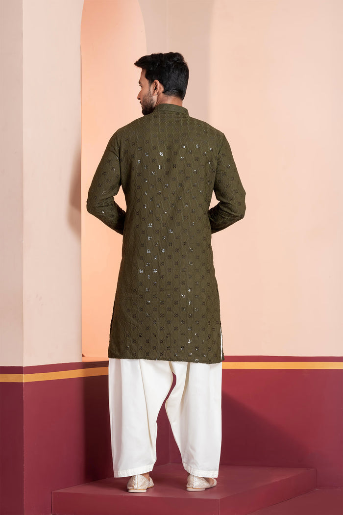 Olive Green Cotton Silk Embroidered Patiala Set