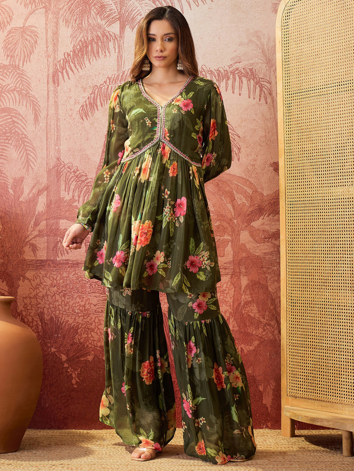 Olive Green Crepe Sharara Set