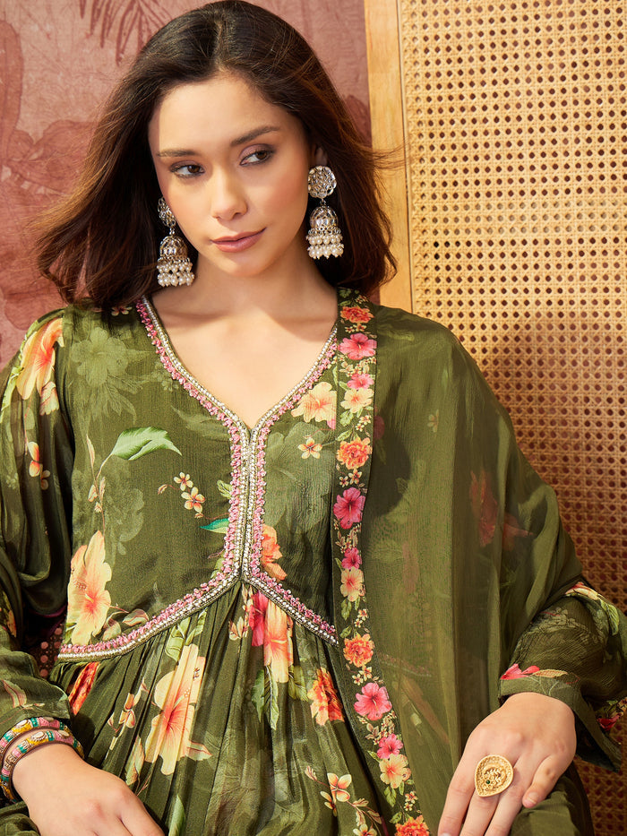 Olive Green Crepe Sharara Set