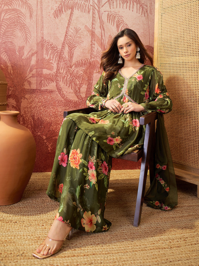 Olive Green Crepe Sharara Set