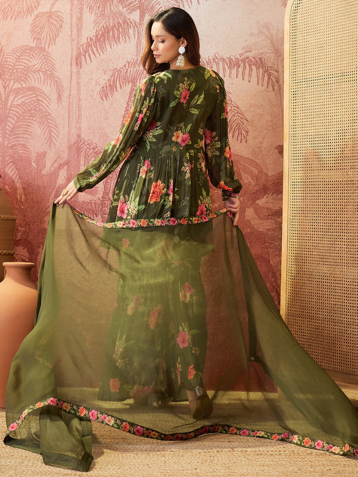 Olive Green Crepe Sharara Set