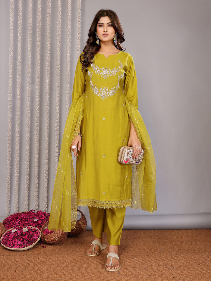 Olive Green Embroidered Roman Kurta Set