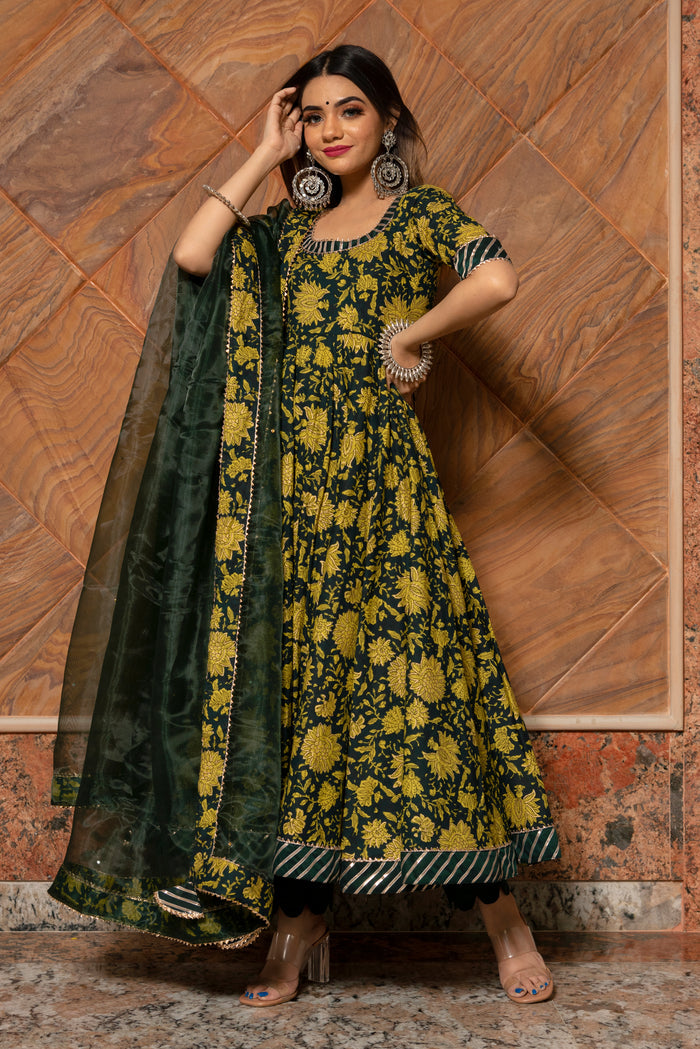 Olive Green Floral Printed Cotton Anarkali Set With Striped Border