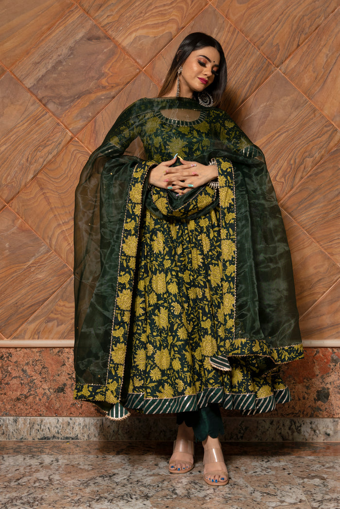 Olive Green Floral Printed Cotton Anarkali Set With Striped Border