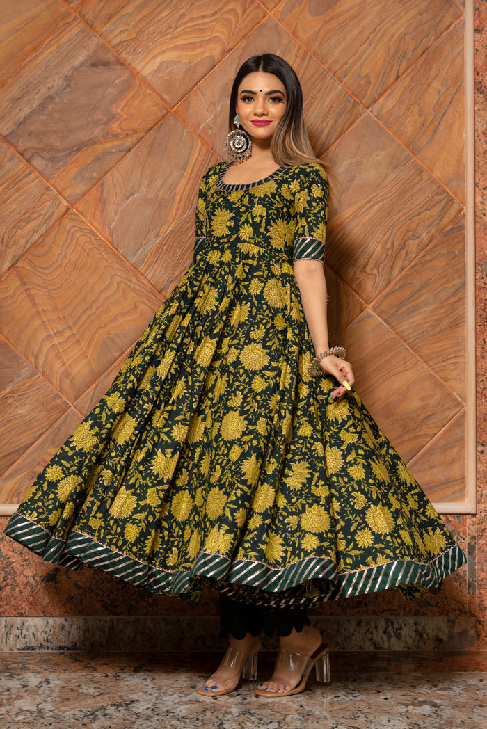 Olive Green Floral Printed Cotton Anarkali Set With Striped Border