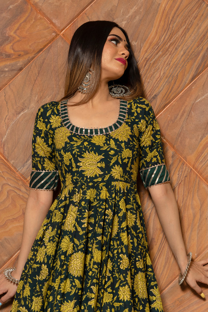 Olive Green Floral Printed Cotton Anarkali Set With Striped Border