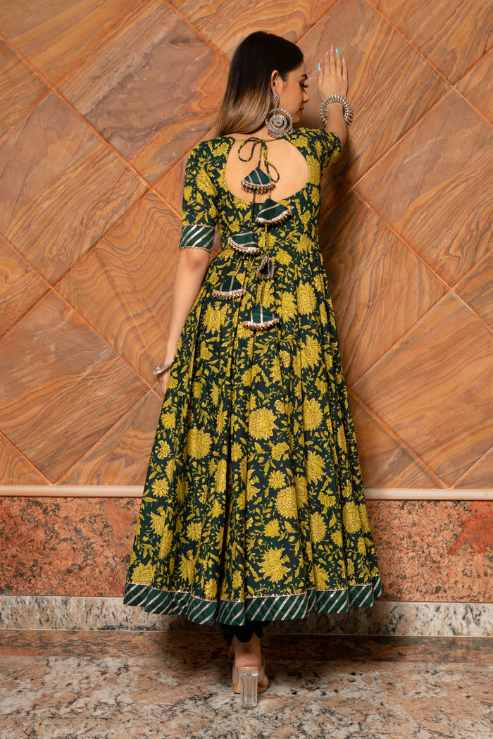 Olive Green Floral Printed Cotton Anarkali Set With Striped Border