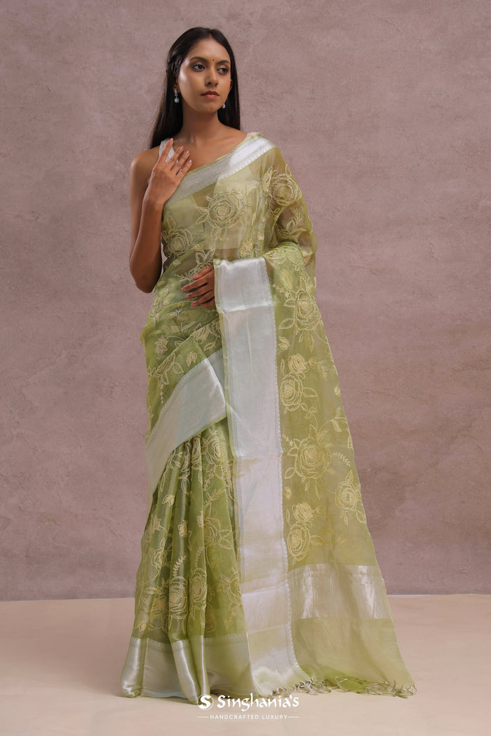 <img> Olive Green Organza Saree With Embroidery Work