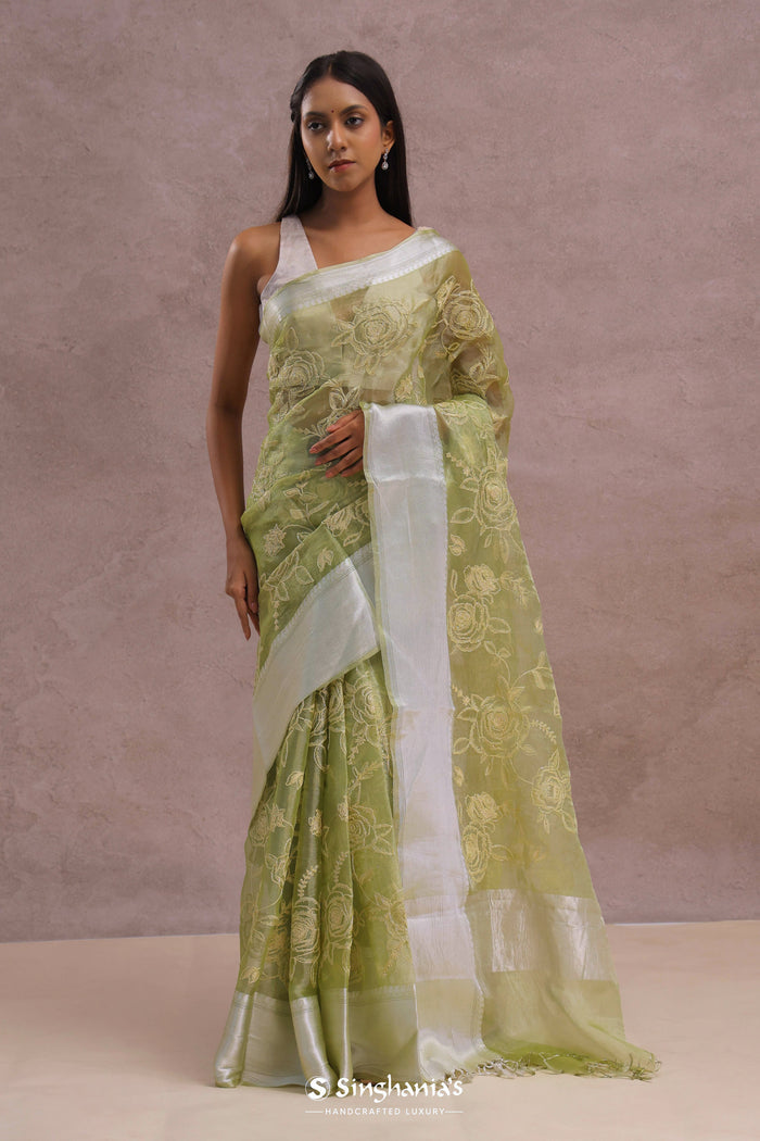 <img> Olive Green Organza Saree With Embroidery Work