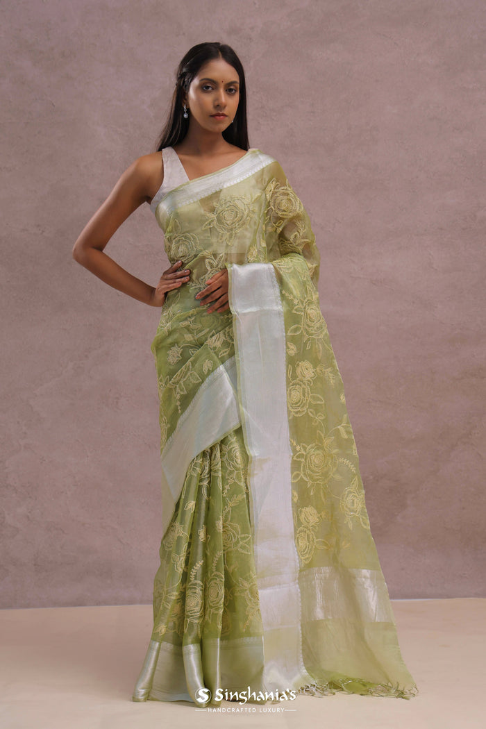 <img> Olive Green Organza Saree With Embroidery Work