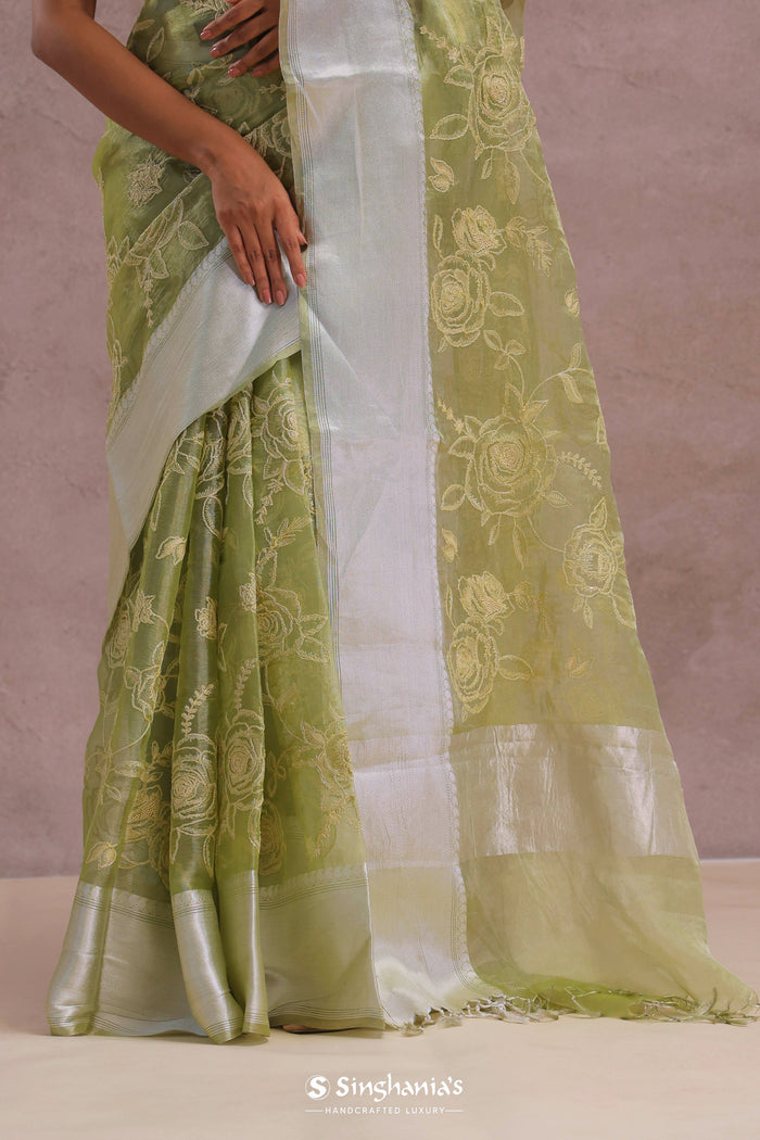 <img> Olive Green Organza Saree With Embroidery Work