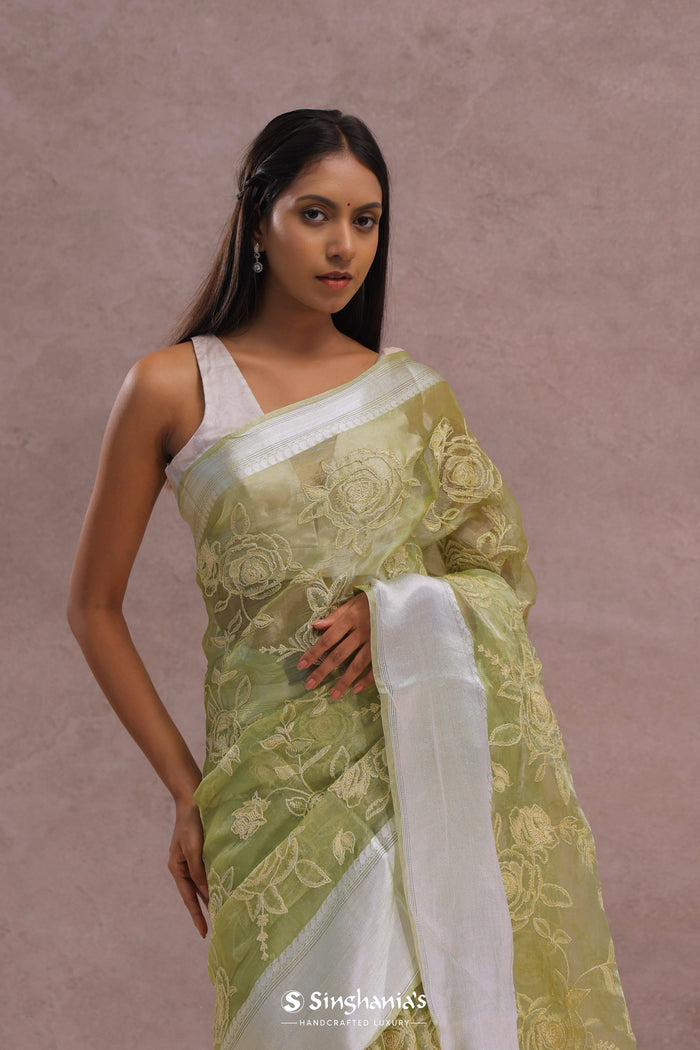 <img> Olive Green Organza Saree With Embroidery Work