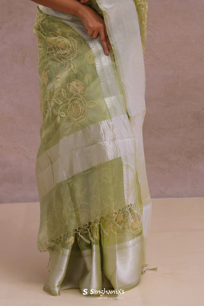 <img> Olive Green Organza Saree With Embroidery Work