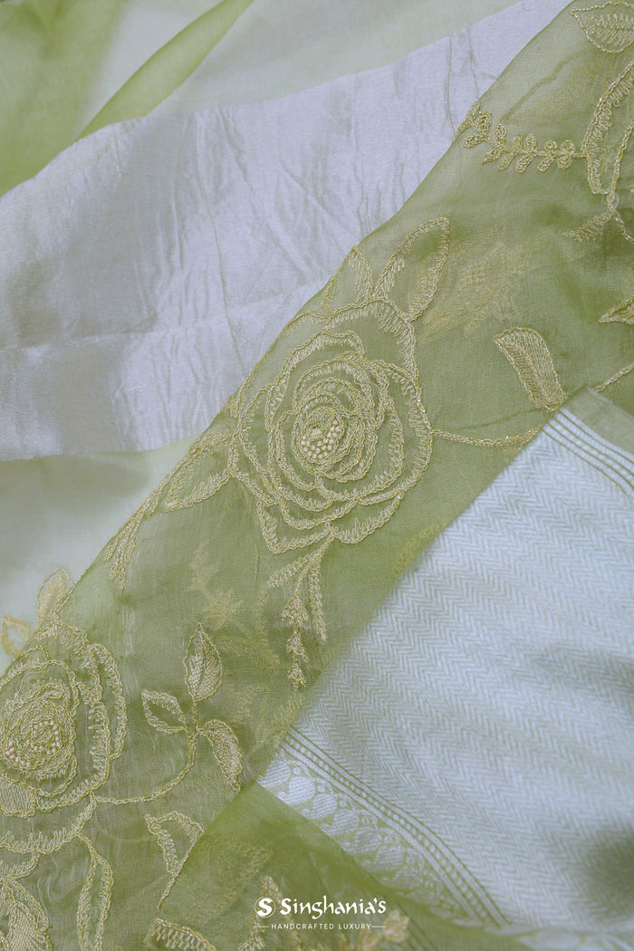 <img> Olive Green Organza Saree With Embroidery Work