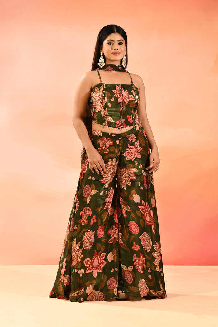 Olive Green Printed Indo Western Set