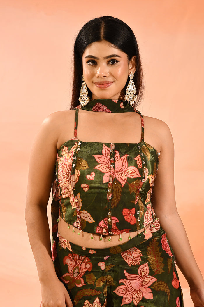 Olive Green Printed Indo Western Set
