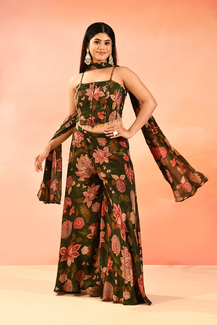 Olive Green Printed Indo Western Set
