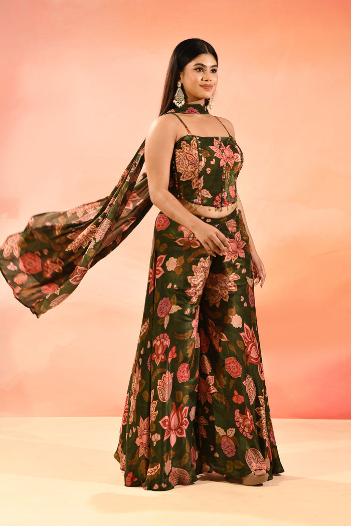 Olive Green Printed Indo Western Set