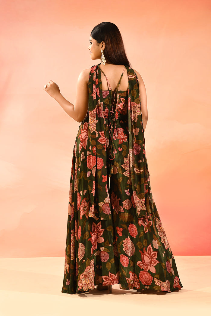 Olive Green Printed Indo Western Set