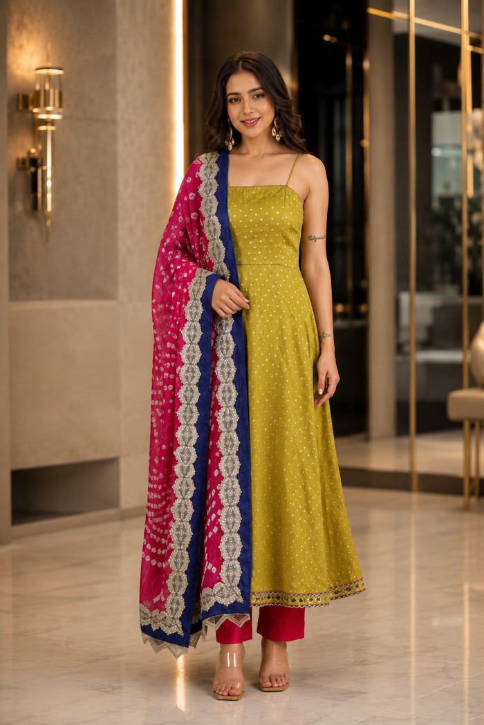 Olive Green Silk Anarkali With Bandhani Dupatta