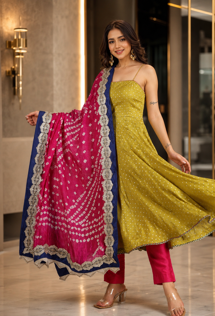 Olive Green Silk Anarkali With Bandhani Dupatta