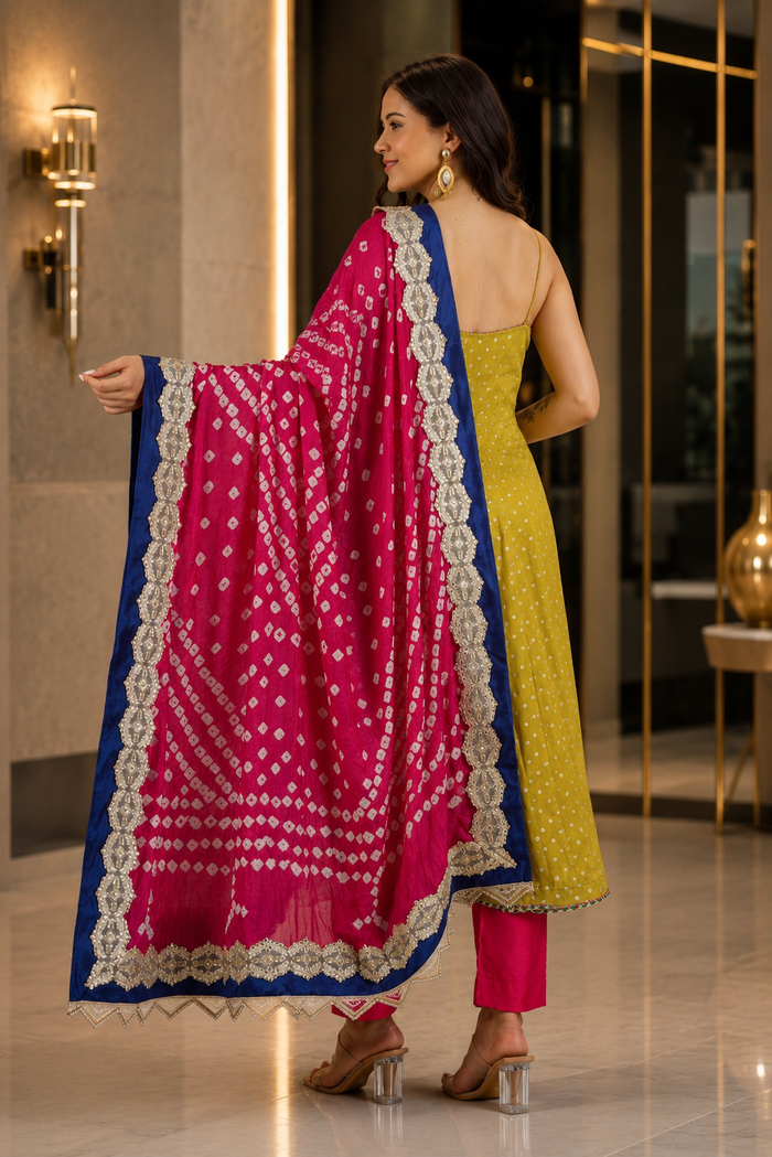 Olive Green Silk Anarkali With Bandhani Dupatta