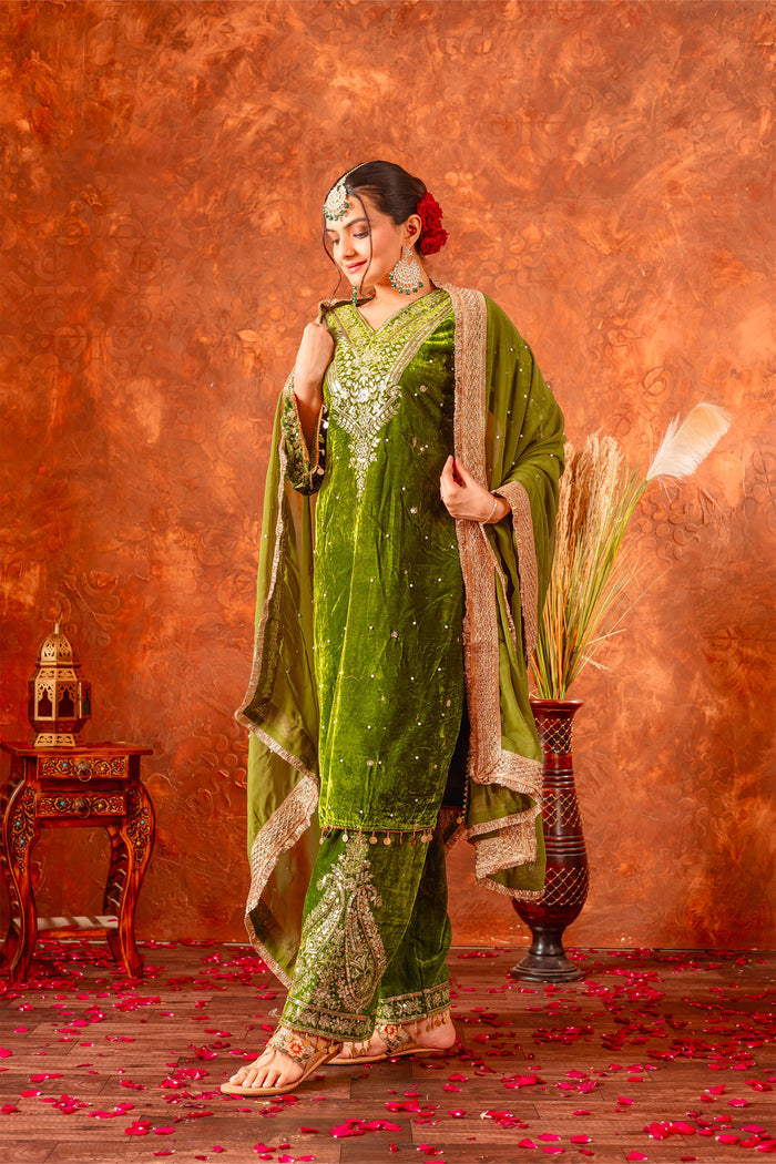 Olive Green Velvet Embroidered Kurti Set