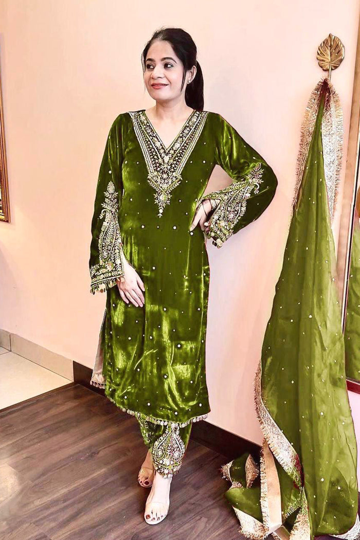 Olive Green Velvet Embroidered Kurti Set