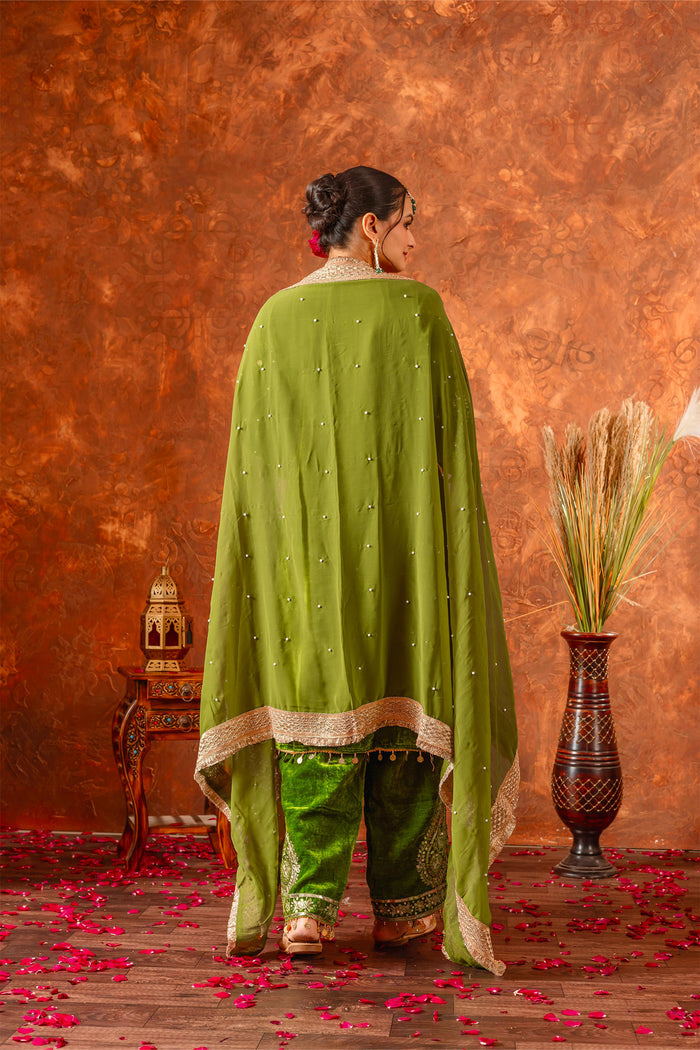 Olive Green Velvet Embroidered Kurti Set