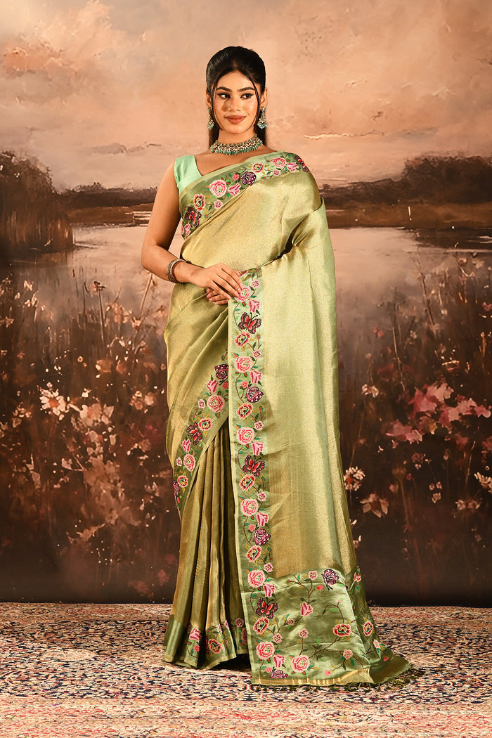 Olive Green With Butterfly And Floral Motif Border Designer Saree