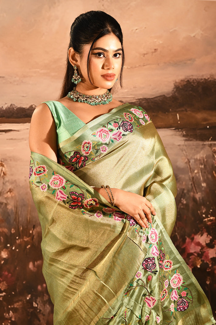 Olive Green With Butterfly And Floral Motif Border Designer Saree