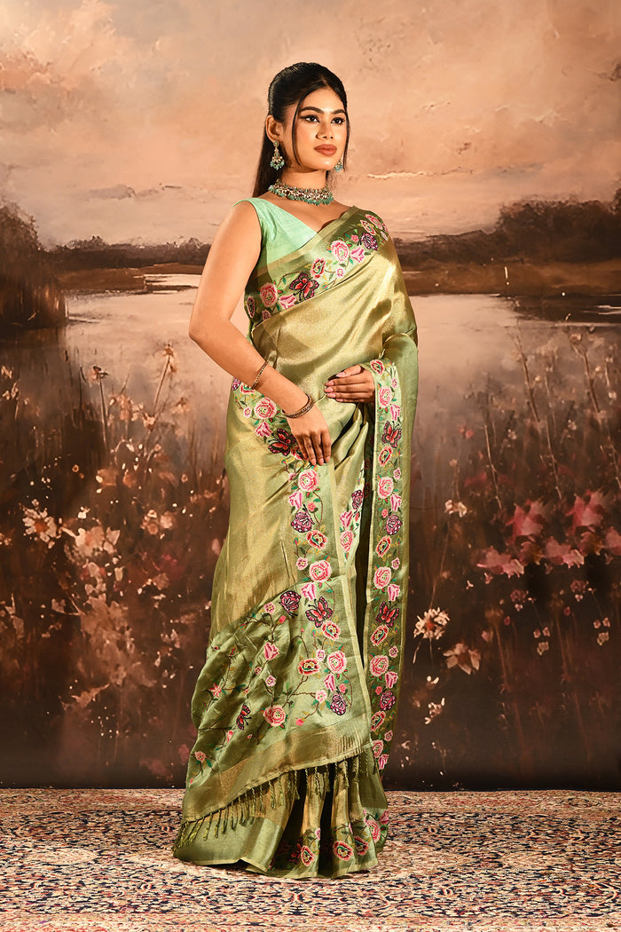 Olive Green With Butterfly And Floral Motif Border Designer Saree