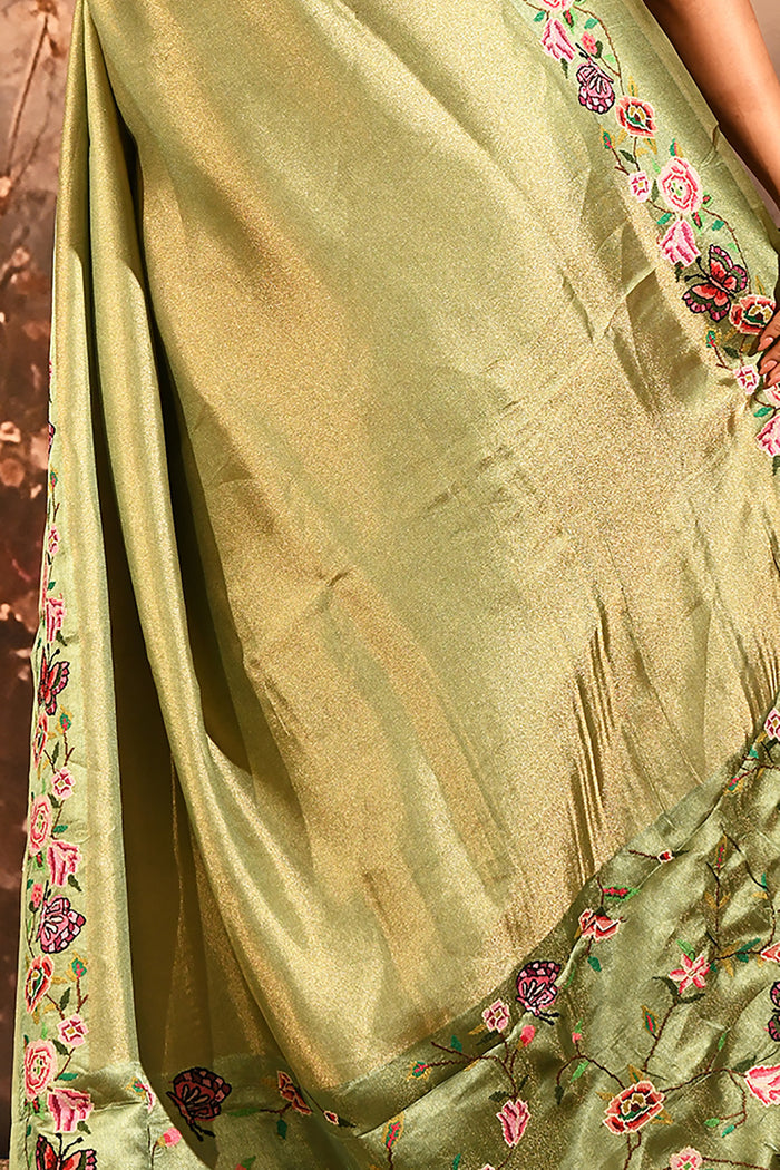 Olive Green With Butterfly And Floral Motif Border Designer Saree